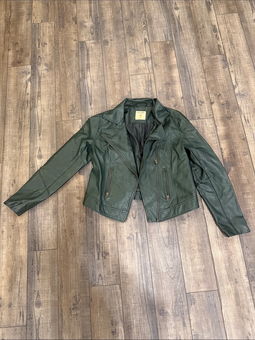 Ruff Hewn Dark Green Faux Leather Moto Jacket